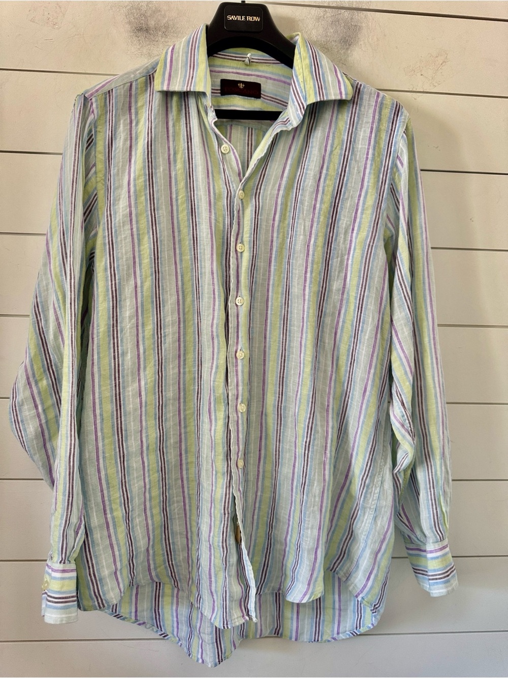 Linen Shirt No Size measures Large Washed Linen muted stripes. Beachy